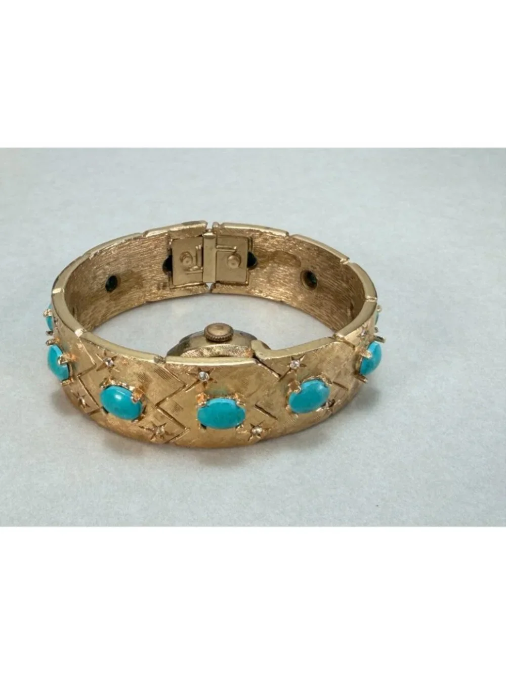 Vintage Endura Swiss Ladies Bracelet Watch Turquoise Rhinestones Runs No Crystal